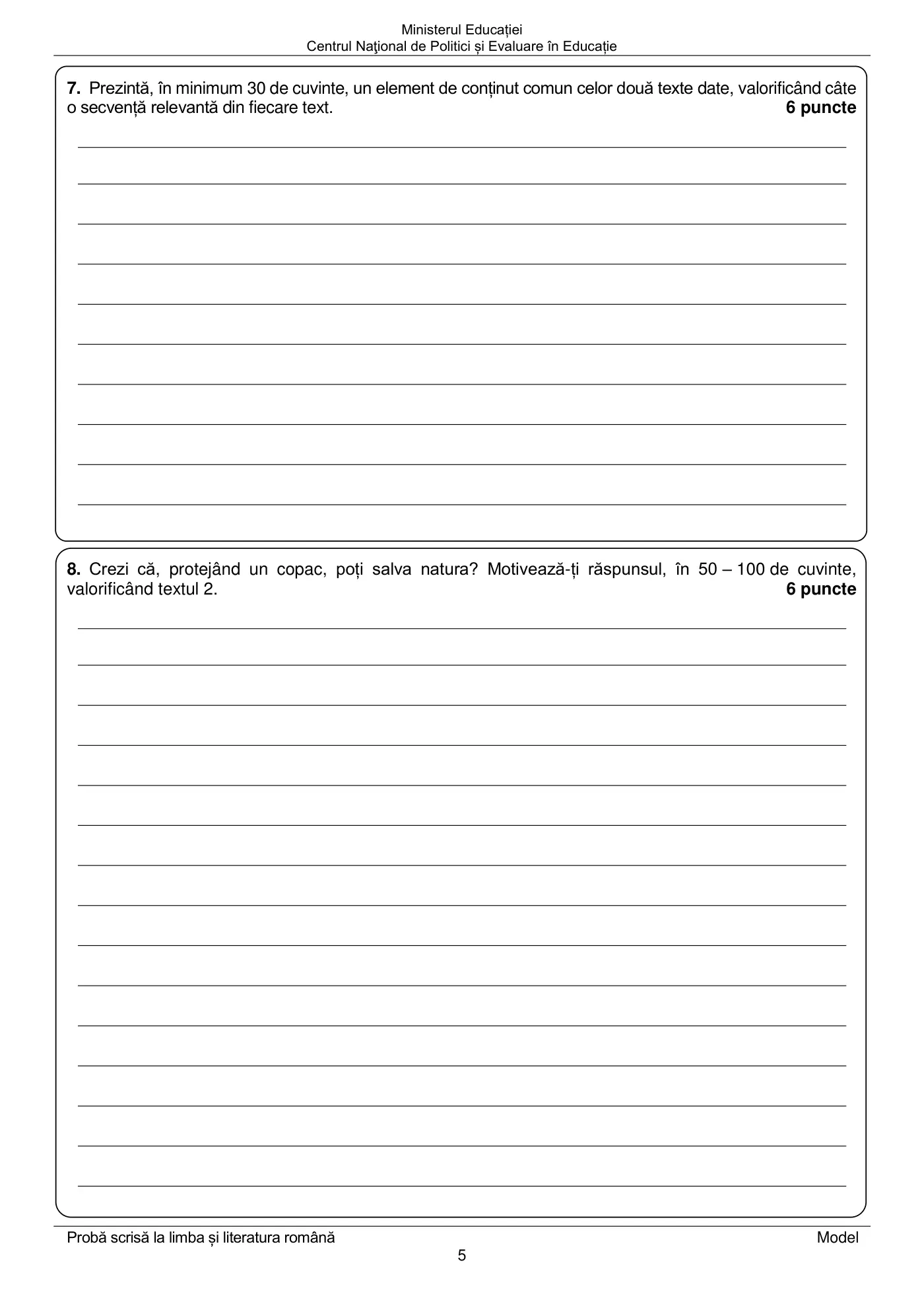 Pagina 5 din subiectul model oficial, limba și literatura română, noiembrie 2022