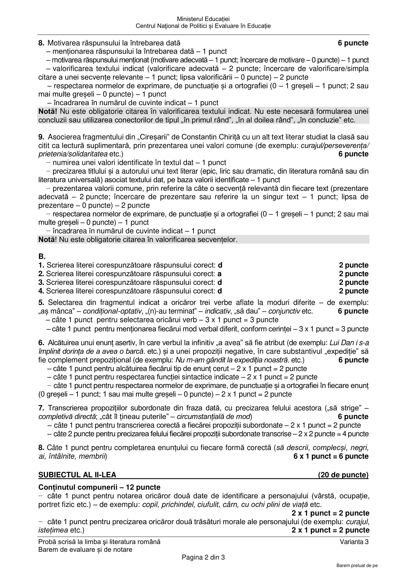 Pagina 2 din baremul pentru examen oficial (sesiunea iunie), limba și literatura română, 25 iunie 2024