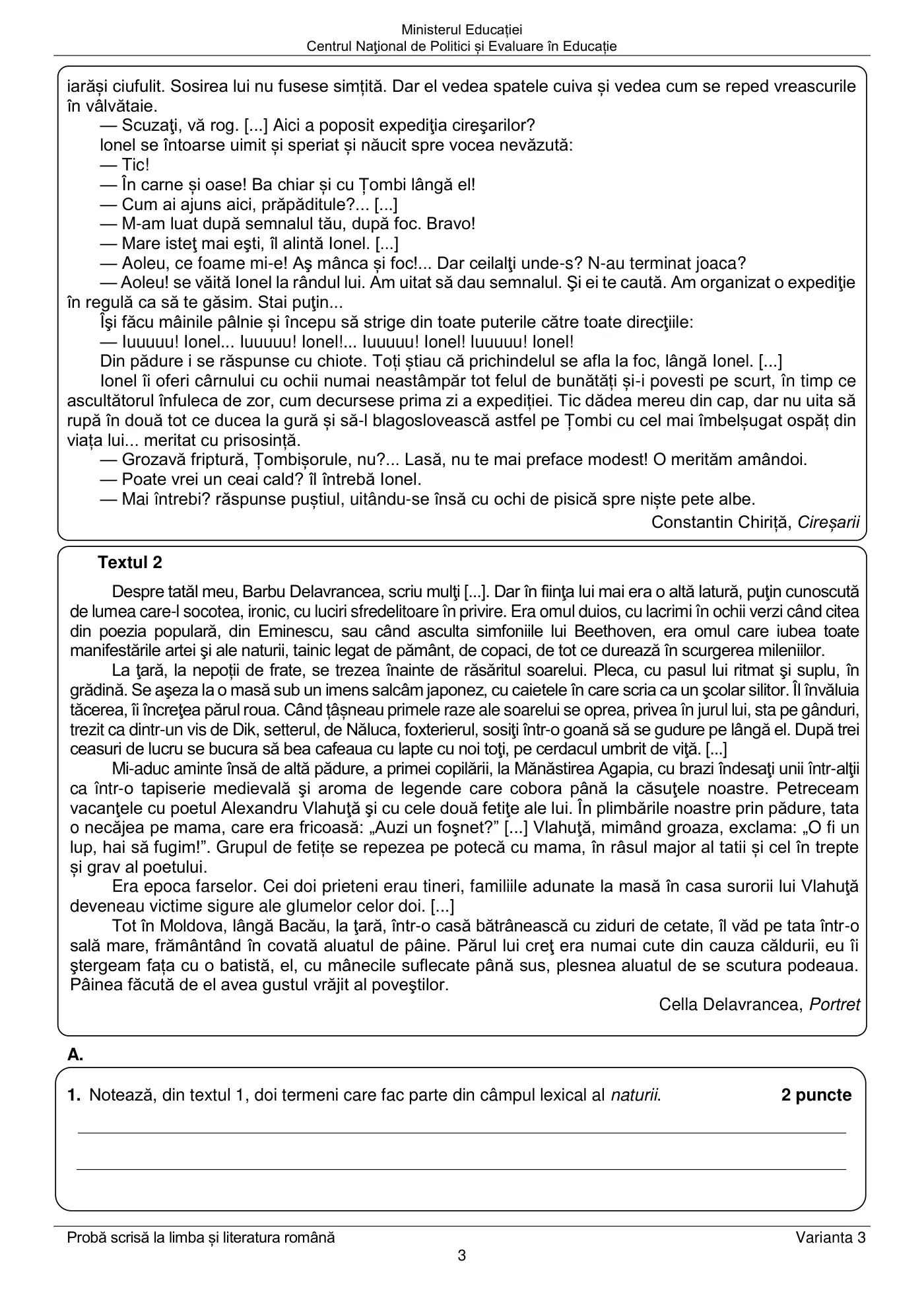 Pagina 3 din subiectul examen oficial (sesiunea iunie), limba și literatura română, 25 iunie 2024