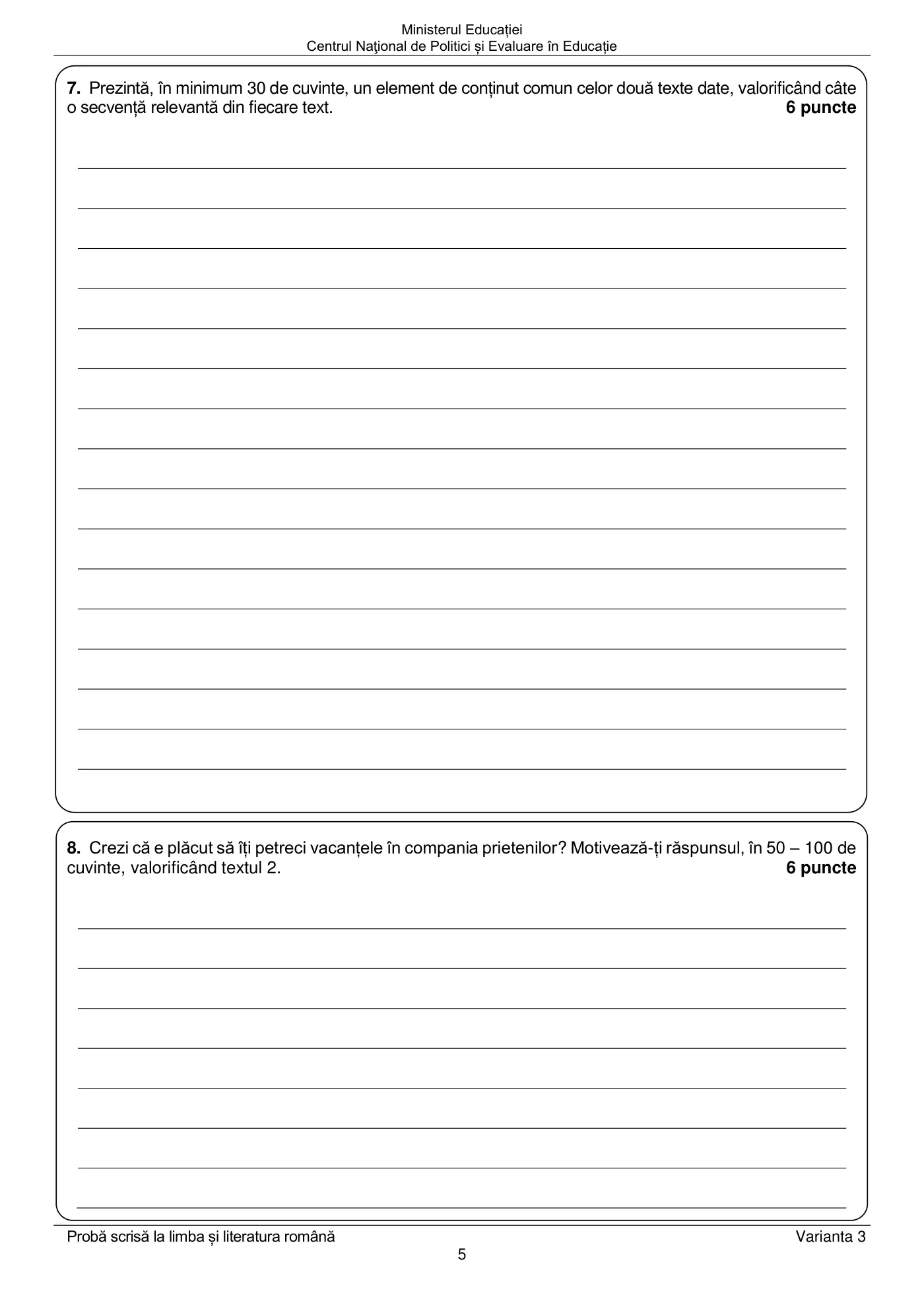 Pagina 5 din subiectul examen oficial (sesiunea iunie), limba și literatura română, 25 iunie 2024