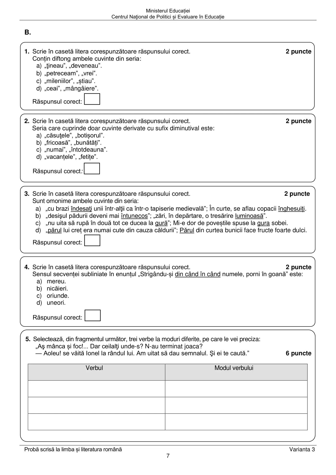 Pagina 7 din subiectul examen oficial (sesiunea iunie), limba și literatura română, 25 iunie 2024