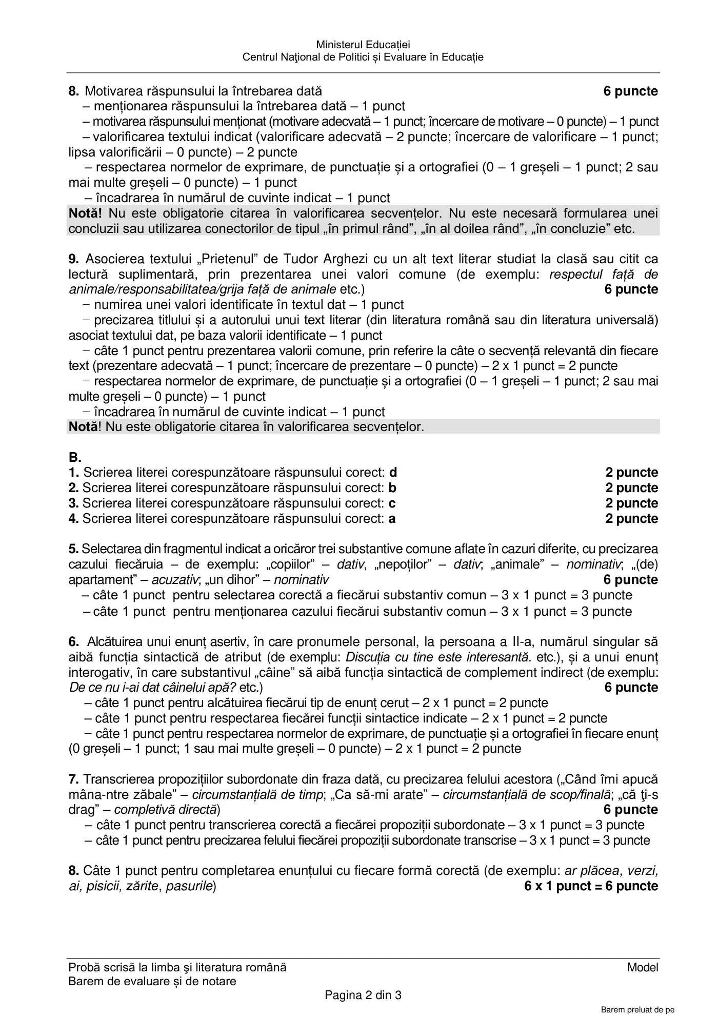 Pagina 2 din baremul pentru model oficial, limba și literatura română, noiembrie 2023