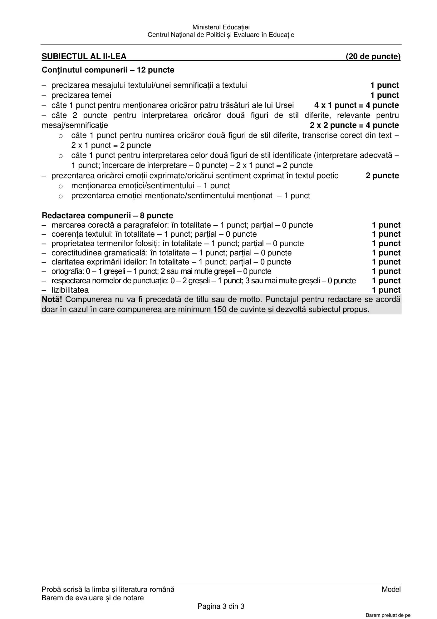 Pagina 3 din baremul pentru model oficial, limba și literatura română, noiembrie 2023