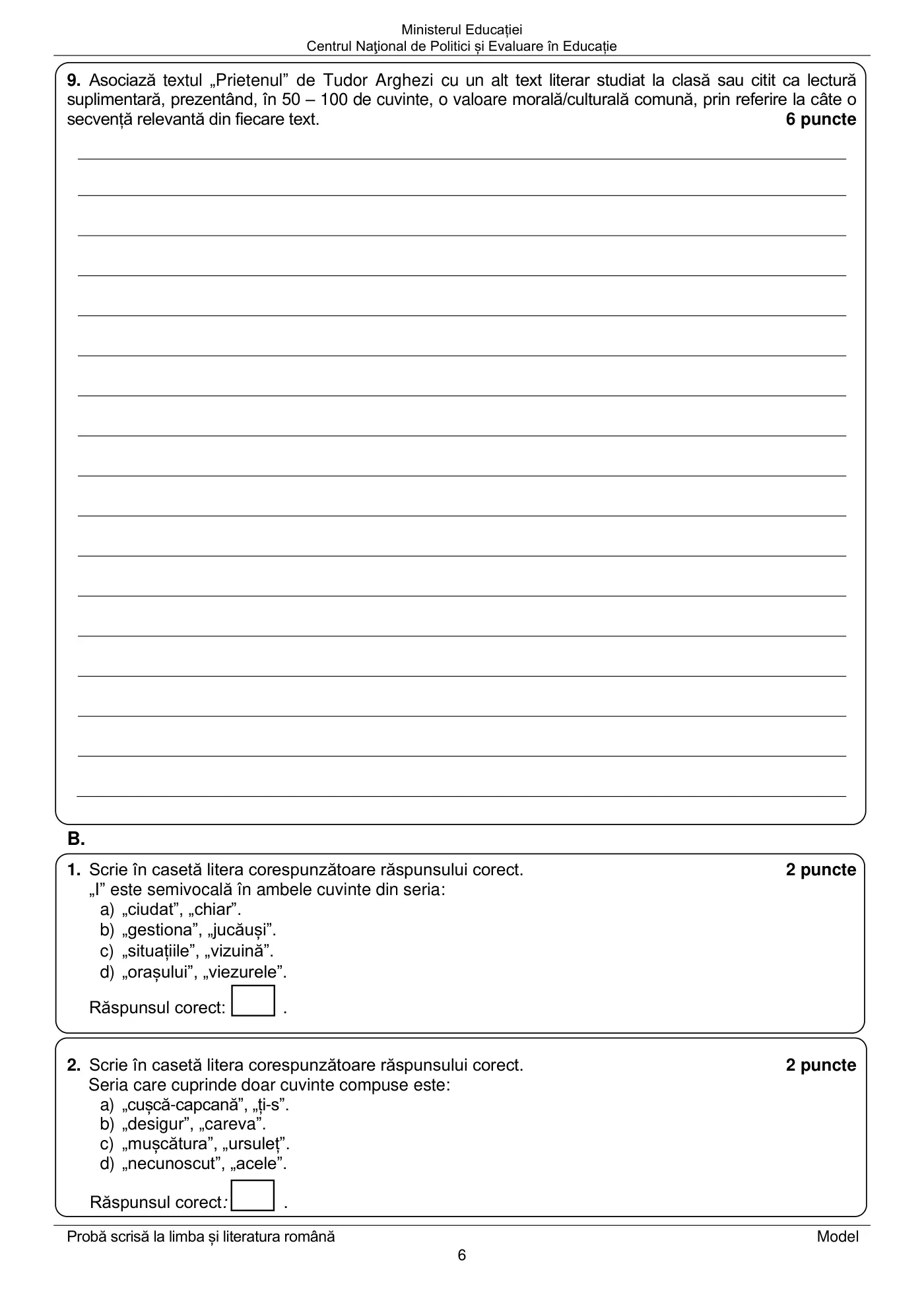 Pagina 6 din subiectul model oficial, limba și literatura română, noiembrie 2023