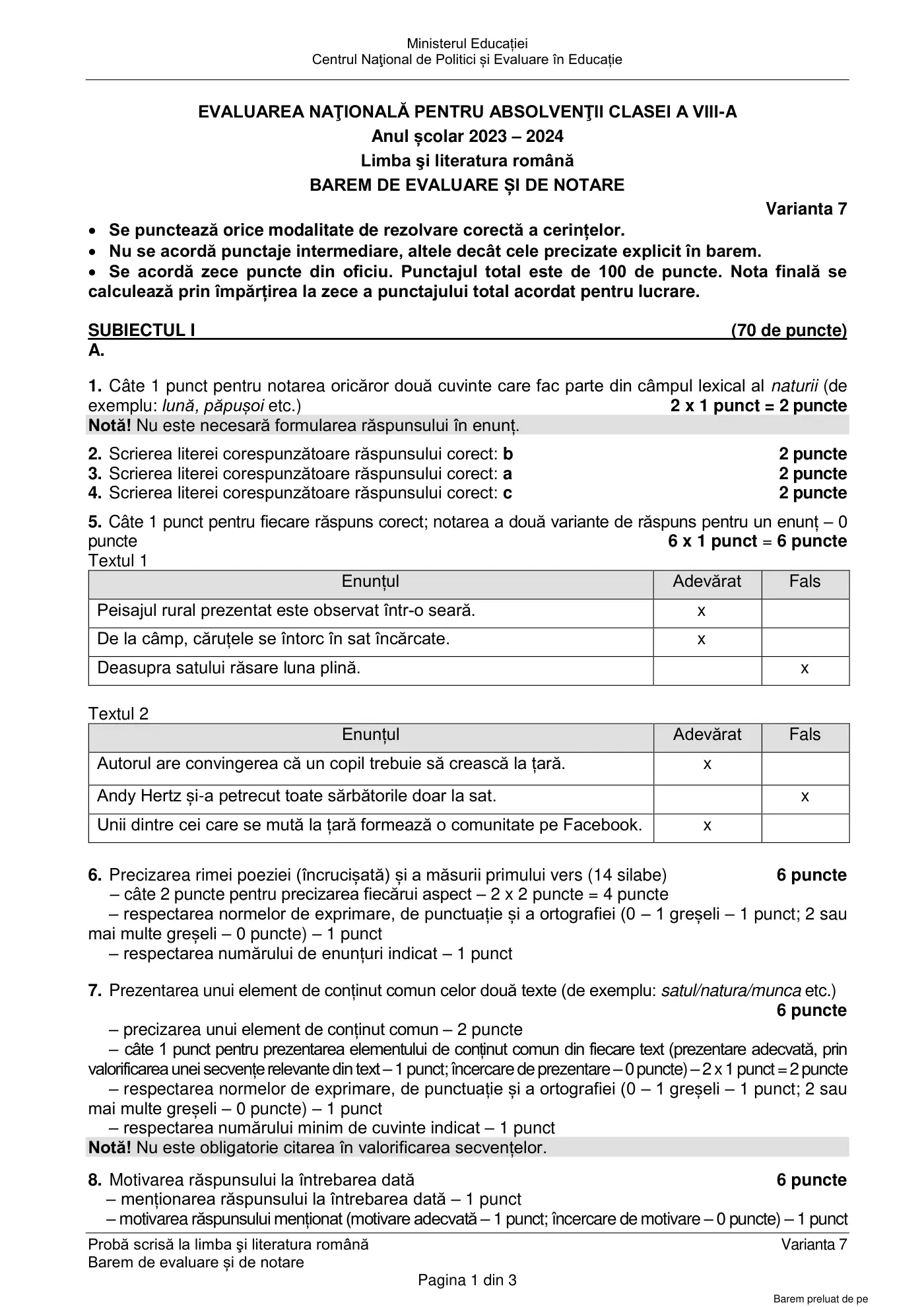 Pagina 1 din baremul pentru subiect de rezervă, limba și literatura română, 25 iunie 2024