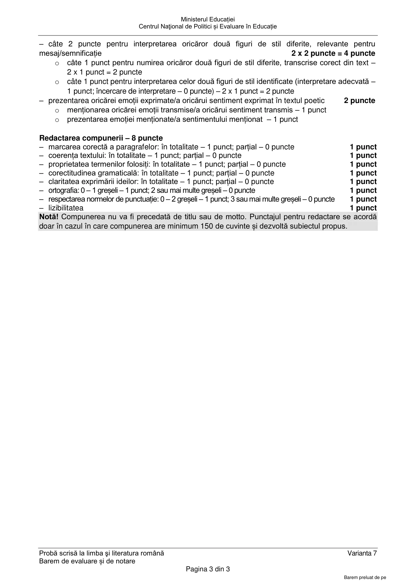 Pagina 3 din baremul pentru subiect de rezervă, limba și literatura română, 25 iunie 2024