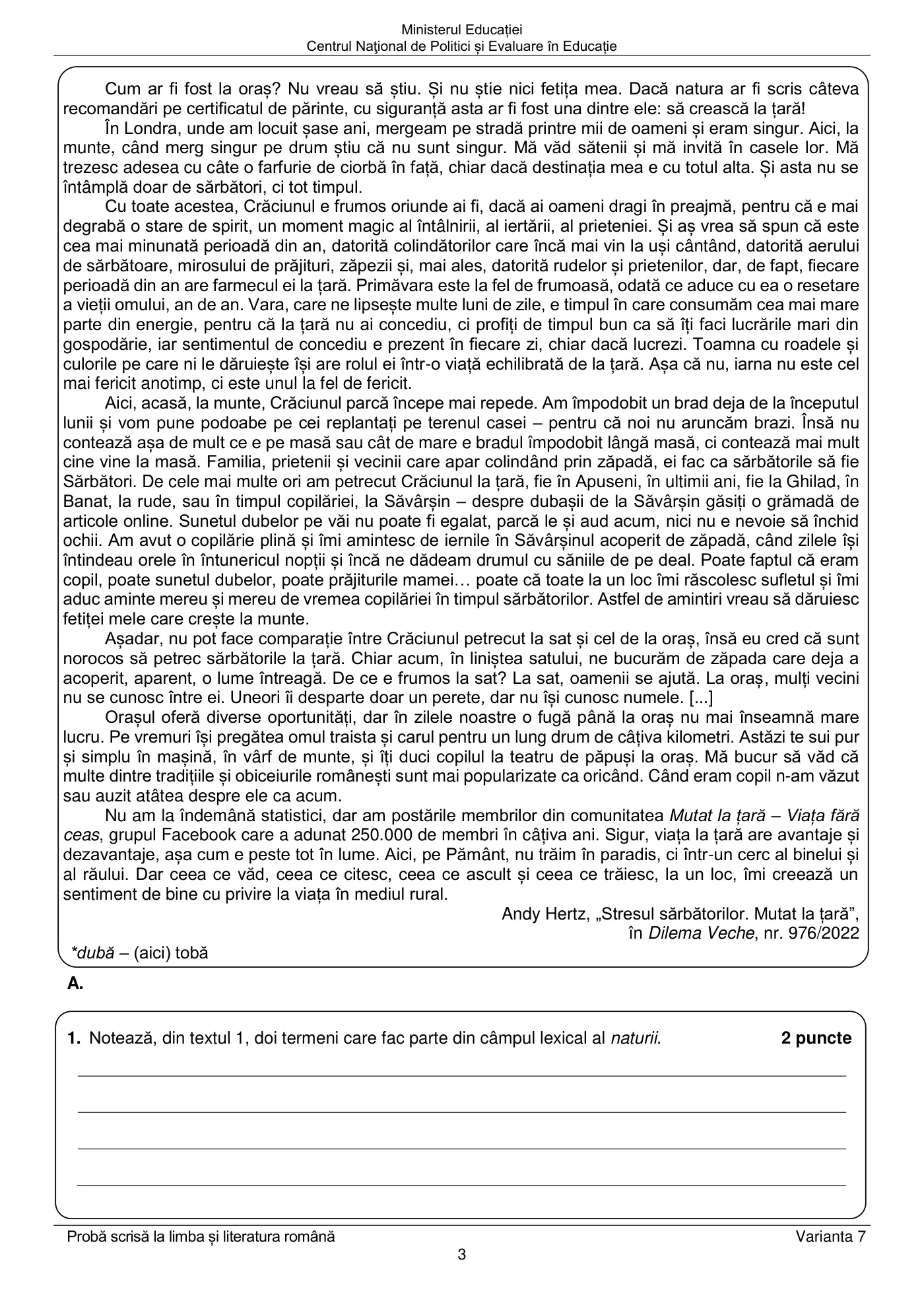 Pagina 3 din subiectul subiect de rezervă, limba și literatura română, 25 iunie 2024