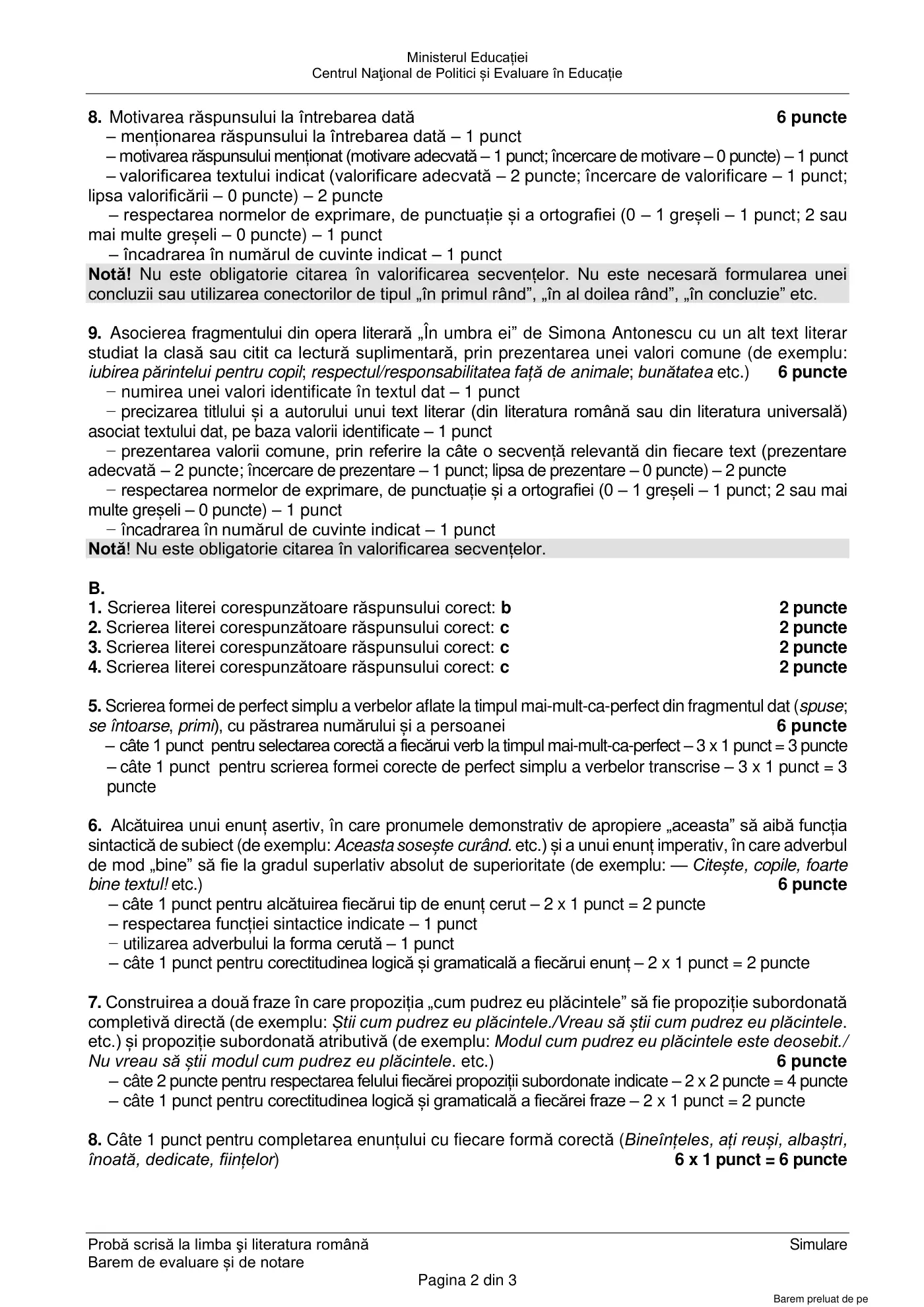 Pagina 2 din baremul pentru simulare națională, limba și literatura română, 5 februarie 2024