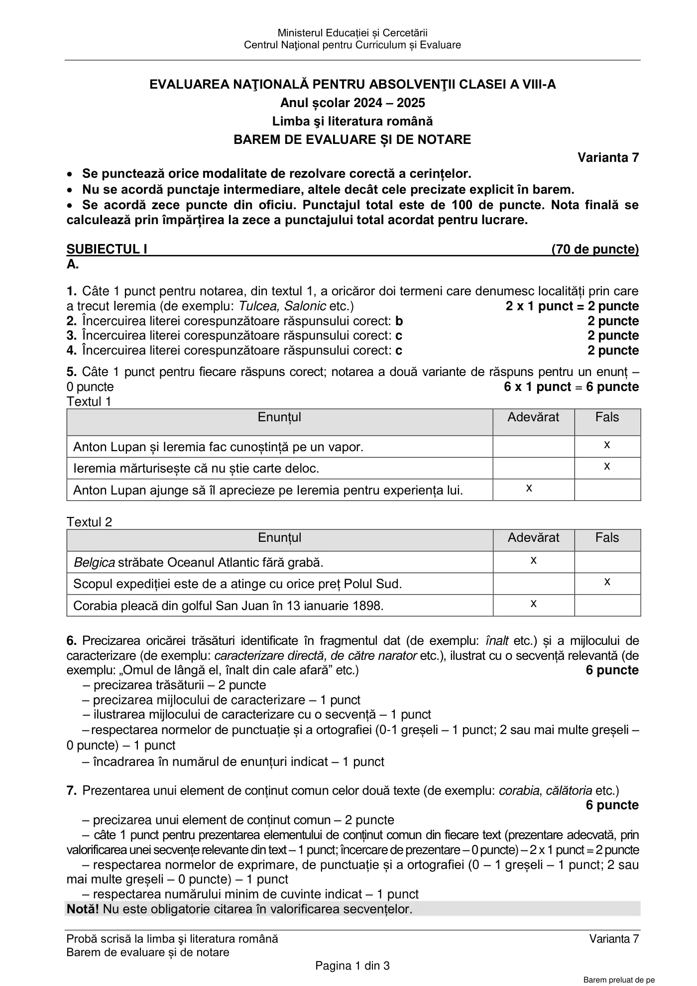 Pagina 1 din baremul pentru examen oficial (sesiunea iunie), limba și literatura română, 23 iunie 2025