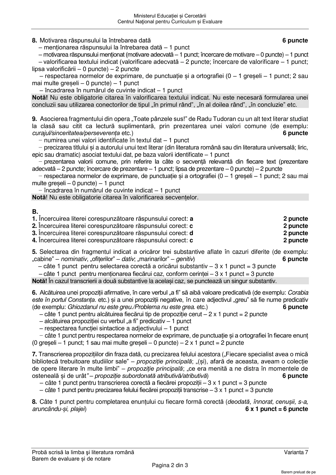 Pagina 2 din baremul pentru examen oficial (sesiunea iunie), limba și literatura română, 23 iunie 2025
