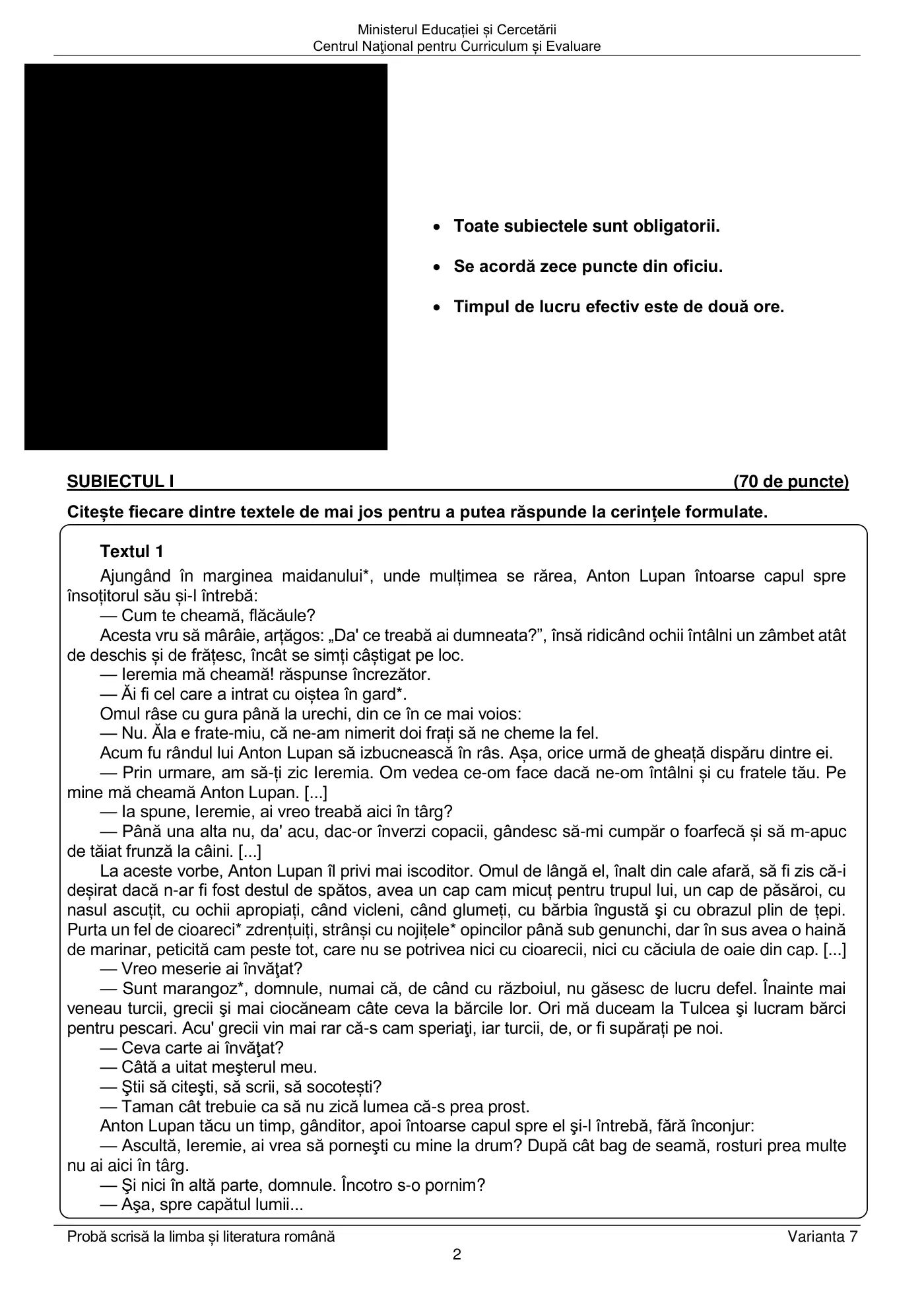 Pagina 2 din subiectul examen oficial (sesiunea iunie), limba și literatura română, 23 iunie 2025