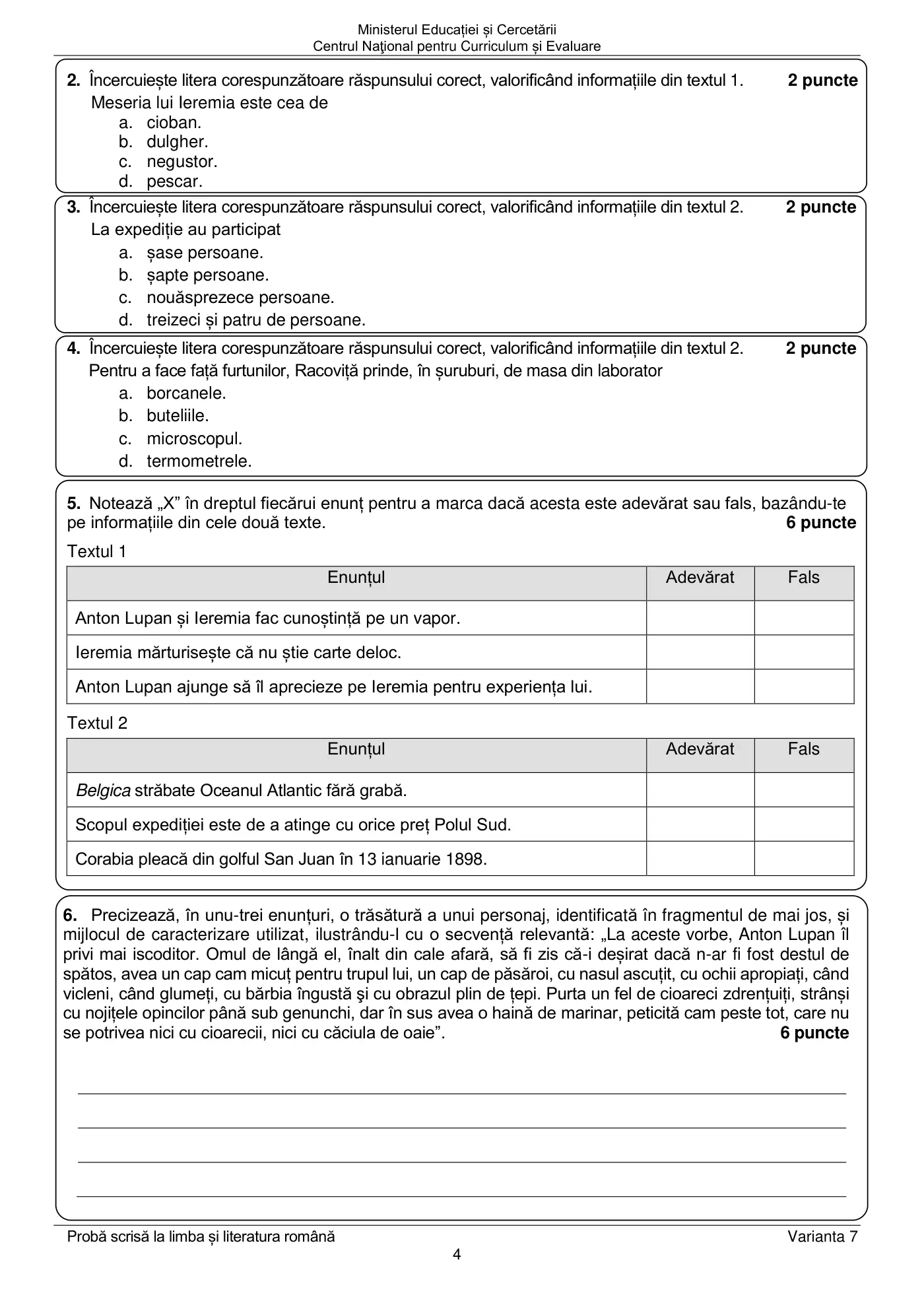 Pagina 4 din subiectul examen oficial (sesiunea iunie), limba și literatura română, 23 iunie 2025