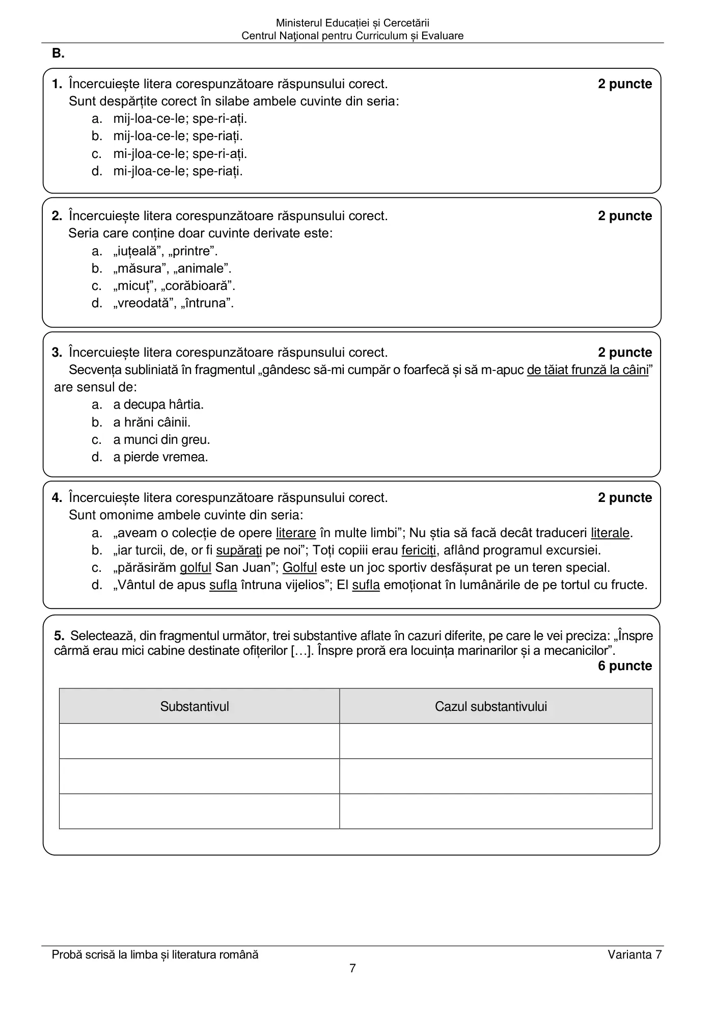 Pagina 7 din subiectul examen oficial (sesiunea iunie), limba și literatura română, 23 iunie 2025