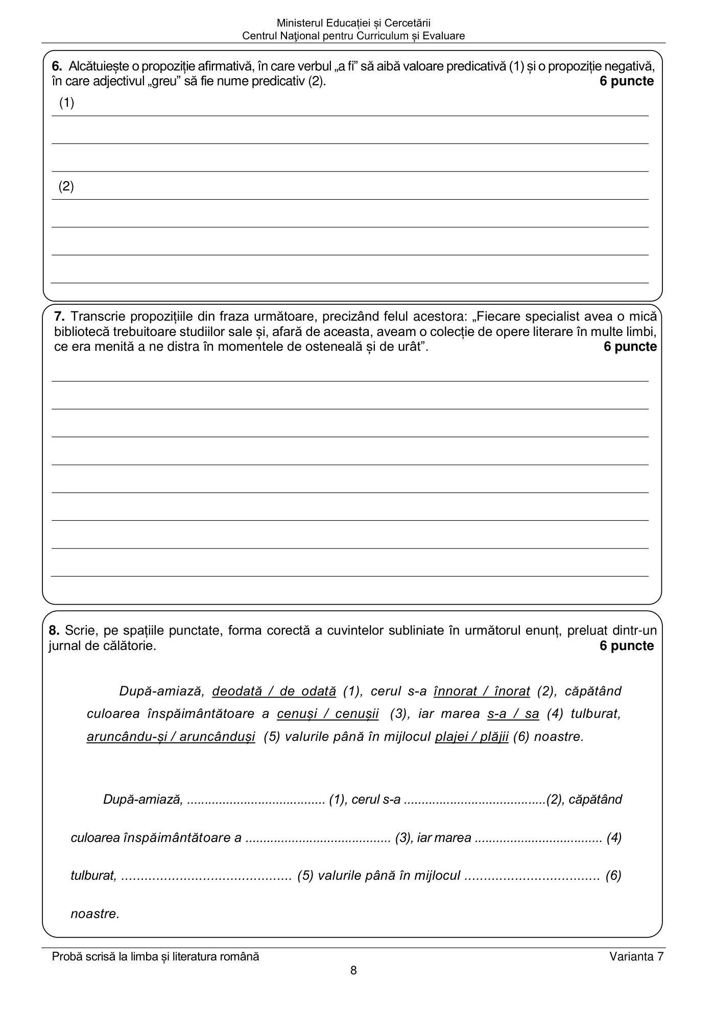 Pagina 8 din subiectul examen oficial (sesiunea iunie), limba și literatura română, 23 iunie 2025