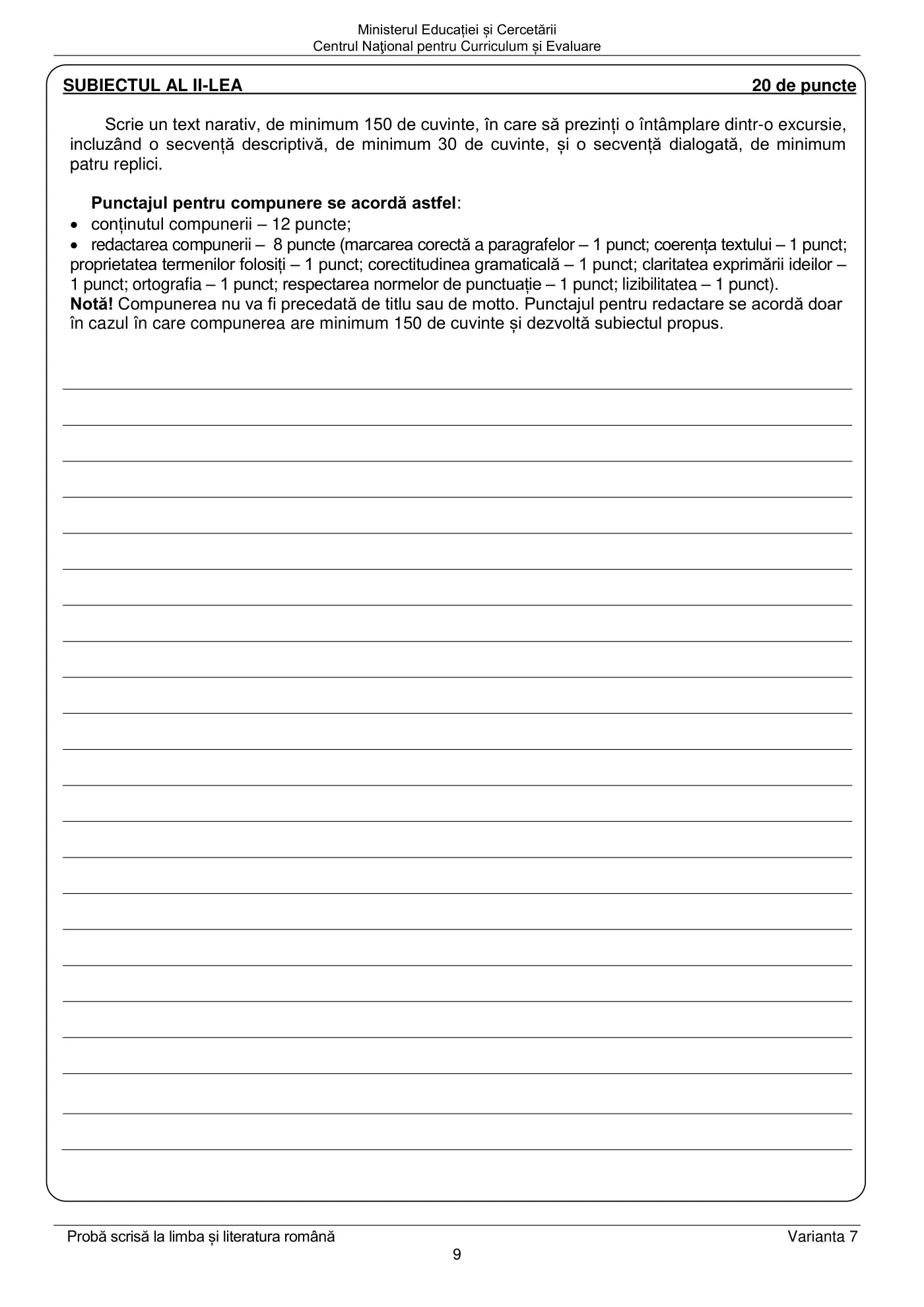 Pagina 9 din subiectul examen oficial (sesiunea iunie), limba și literatura română, 23 iunie 2025