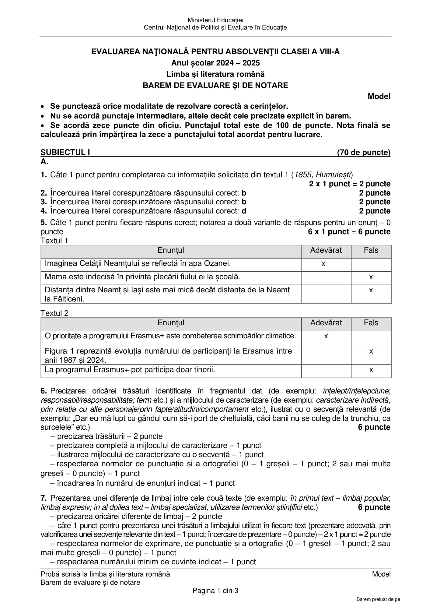 Pagina 1 din baremul pentru model oficial, limba și literatura română, noiembrie 2024