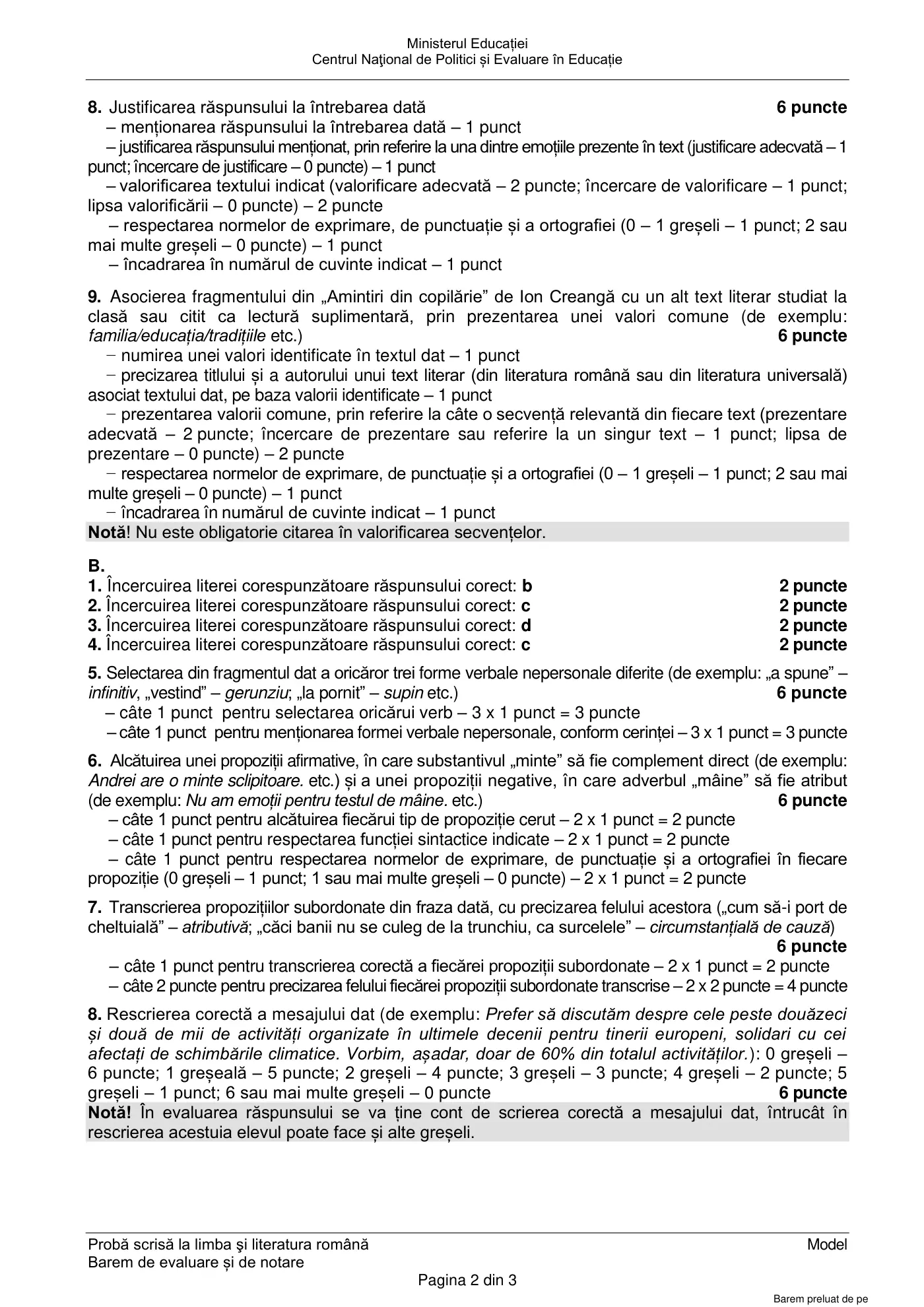 Pagina 2 din baremul pentru model oficial, limba și literatura română, noiembrie 2024