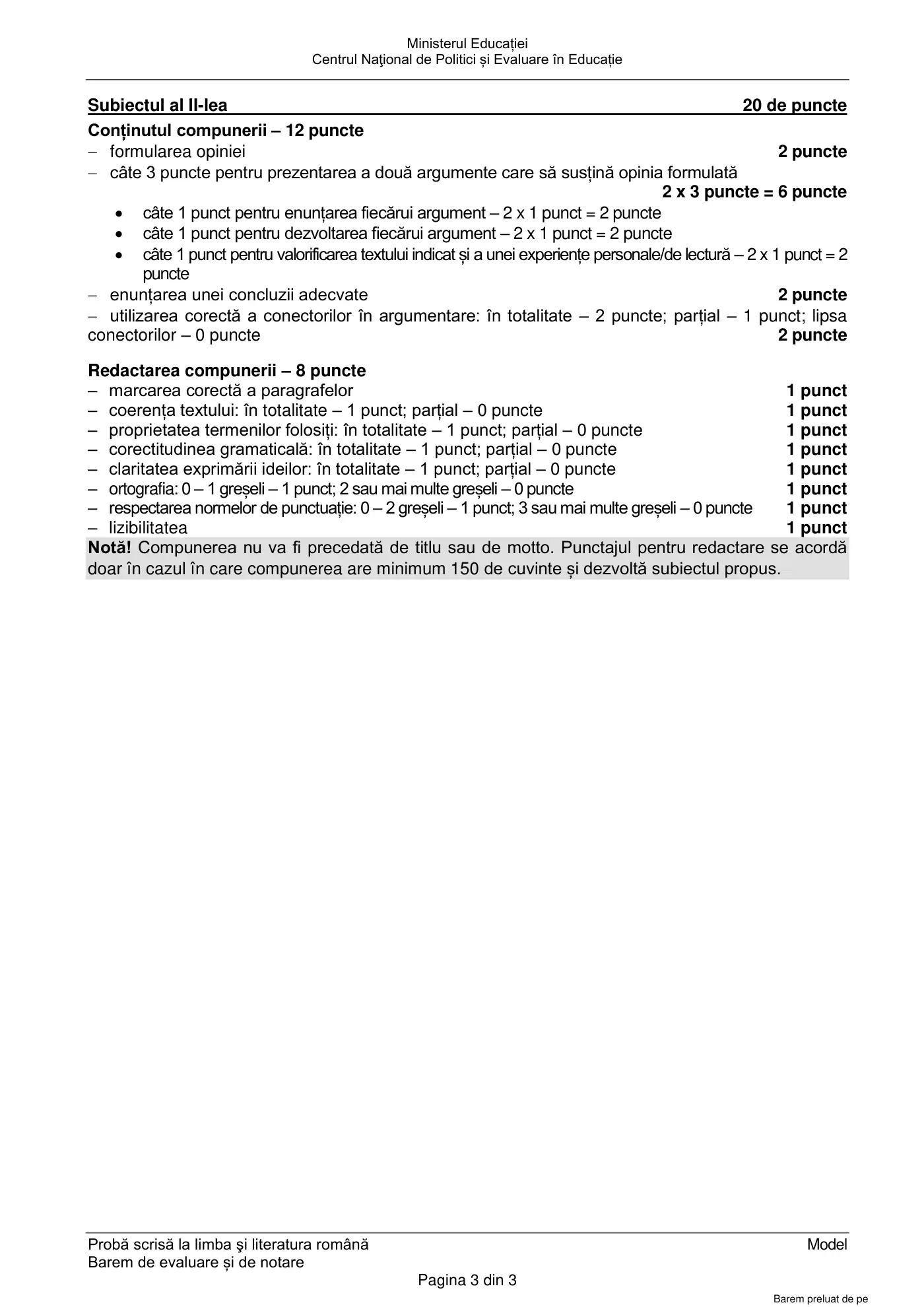 Pagina 3 din baremul pentru model oficial, limba și literatura română, noiembrie 2024