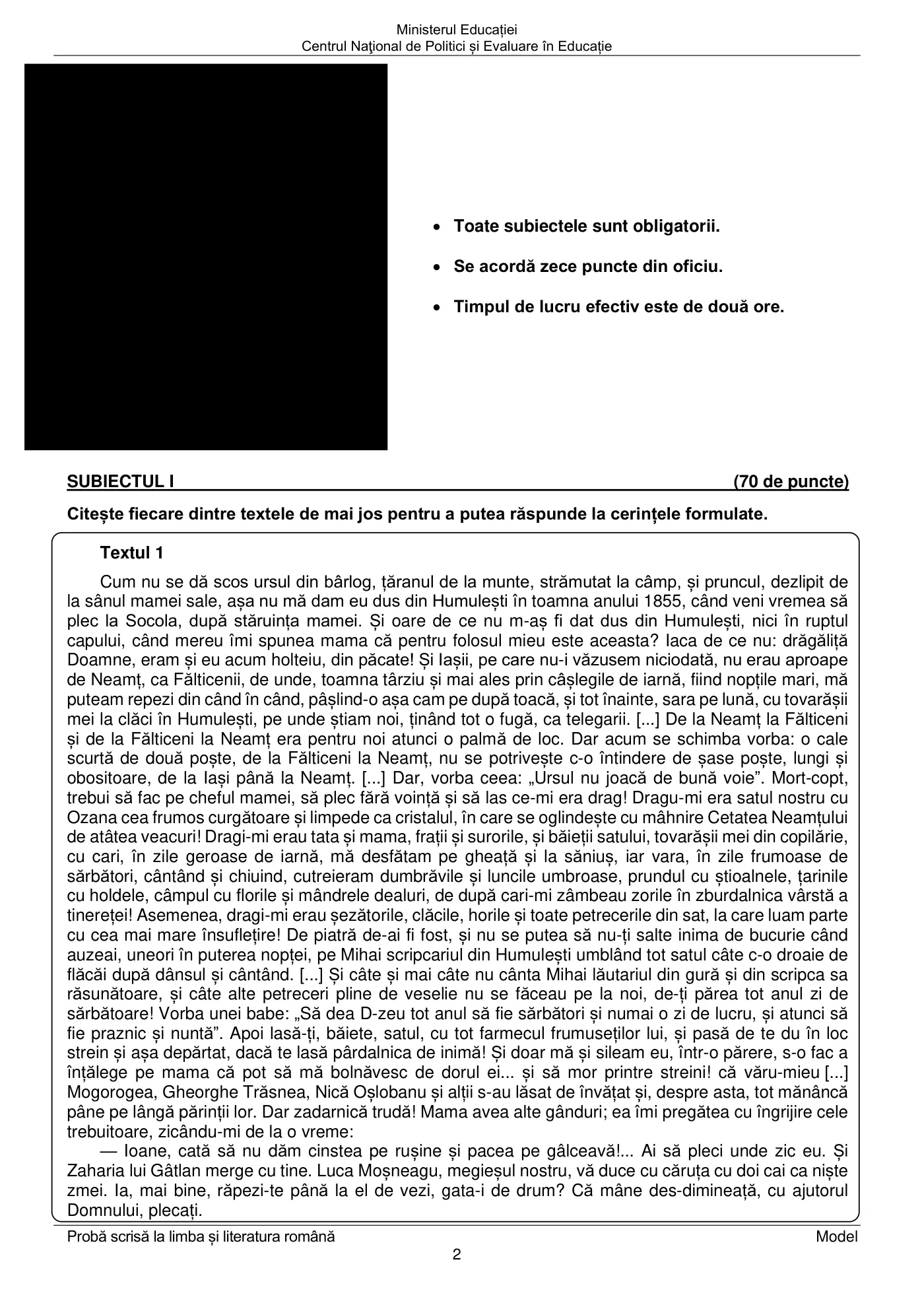 Pagina 2 din subiectul model oficial, limba și literatura română, noiembrie 2024