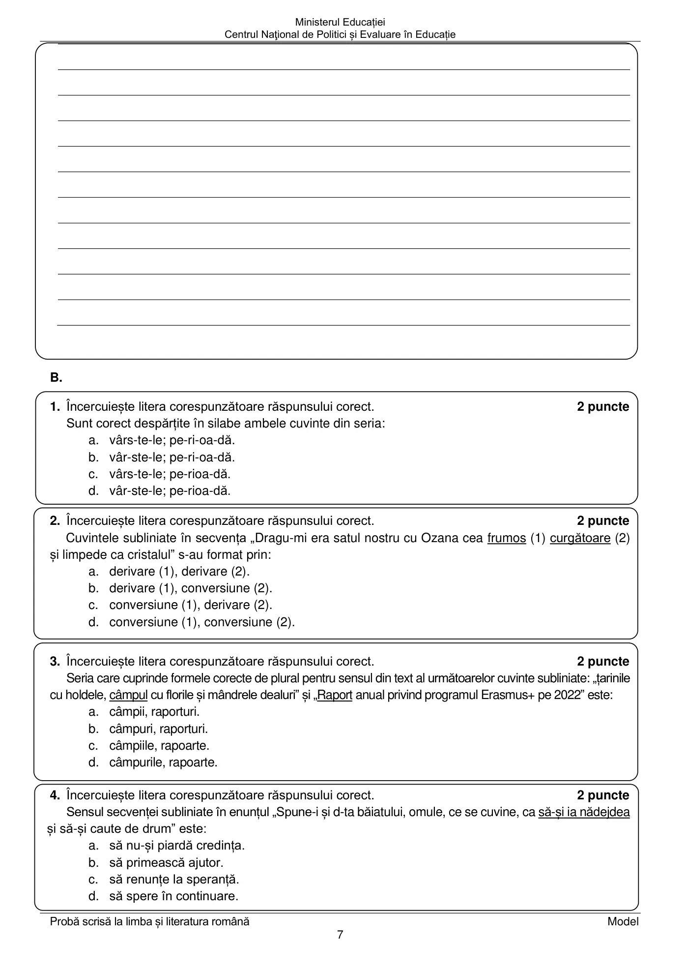 Pagina 7 din subiectul model oficial, limba și literatura română, noiembrie 2024
