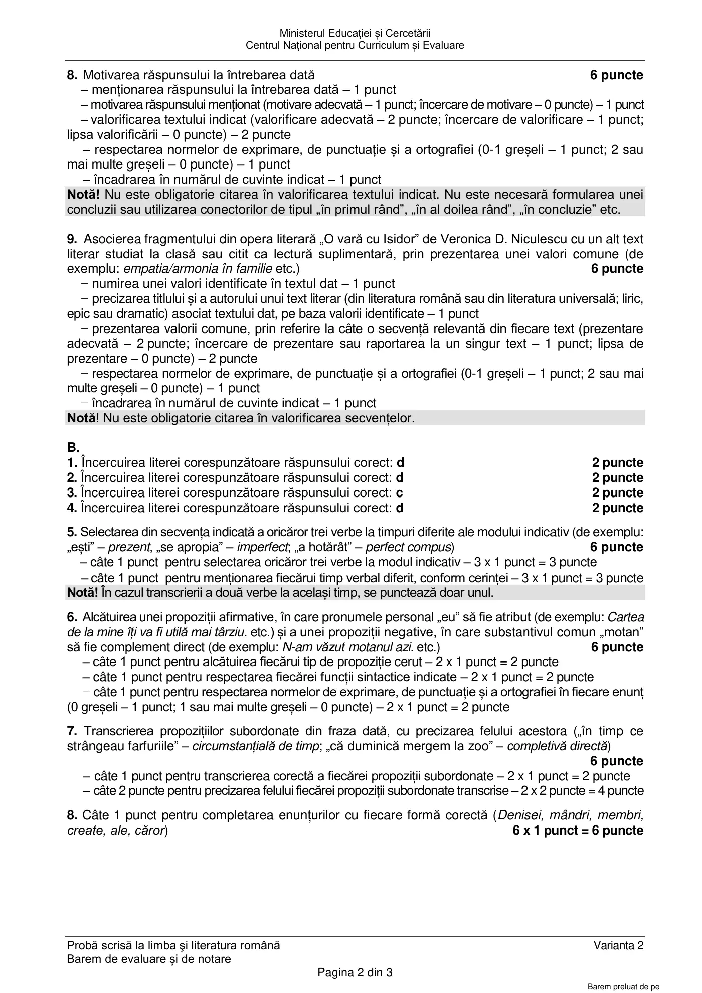 Pagina 2 din baremul pentru subiect de rezervă, limba și literatura română, 23 iunie 2025