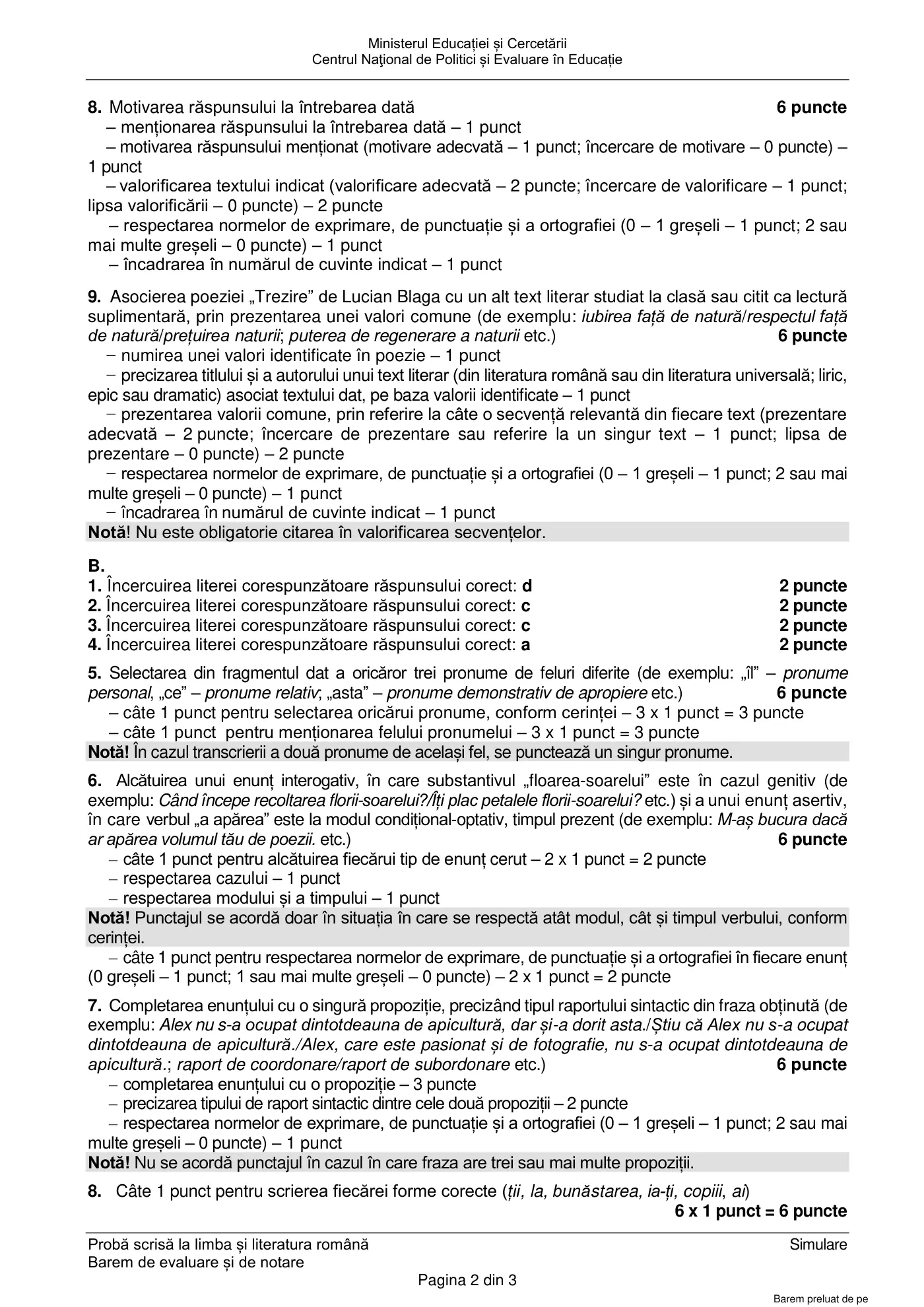 Pagina 2 din baremul pentru simulare națională, limba și literatura română, 17 martie 2025
