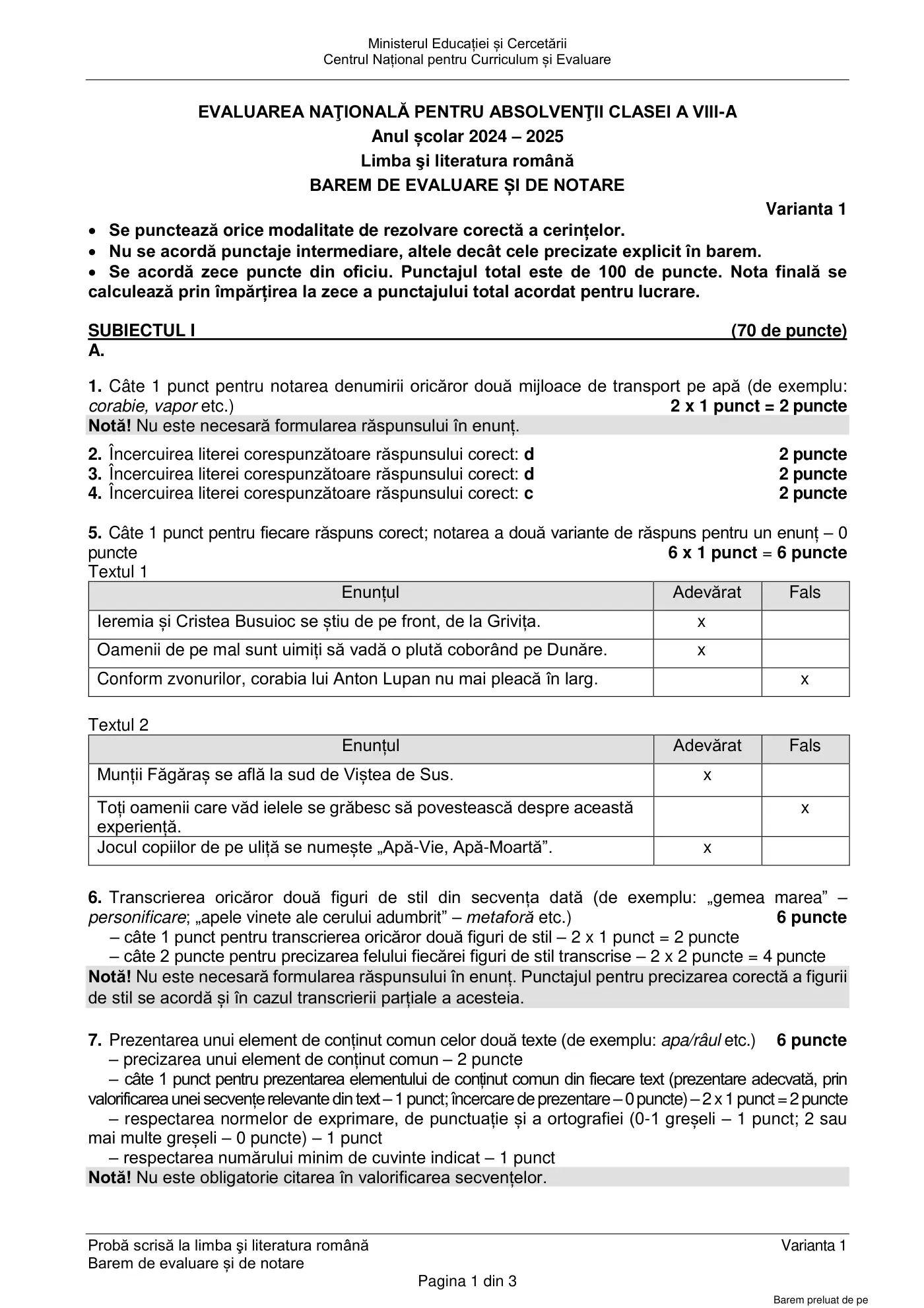 Pagina 1 din baremul pentru sesiunea specială, limba și literatura română, 2 iulie 2025