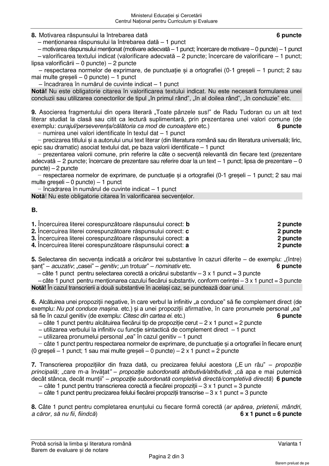 Pagina 2 din baremul pentru sesiunea specială, limba și literatura română, 2 iulie 2025