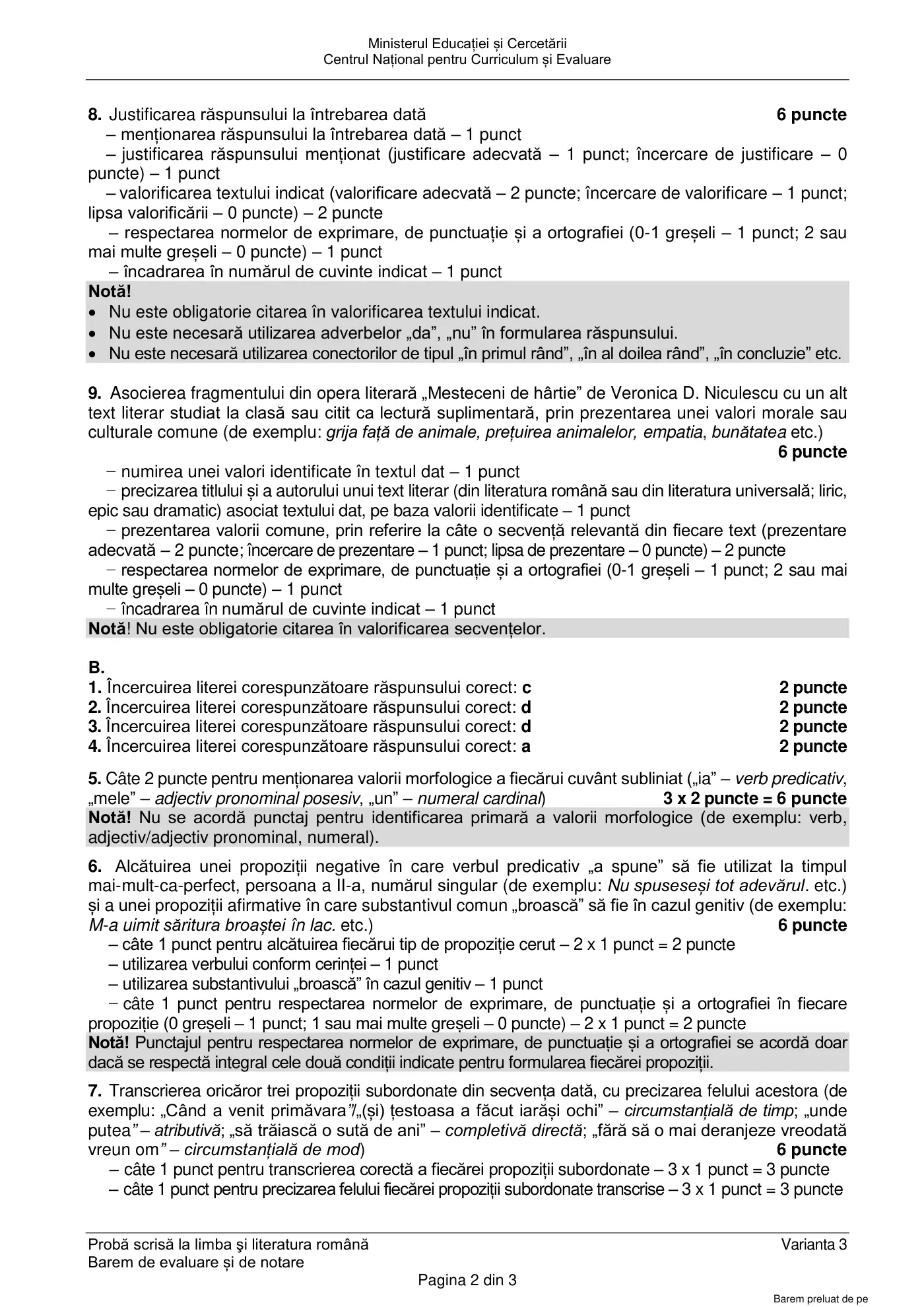 Pagina 2 din baremul pentru examen oficial (sesiunea iunie), limba și literatura română, 22 iunie 2026