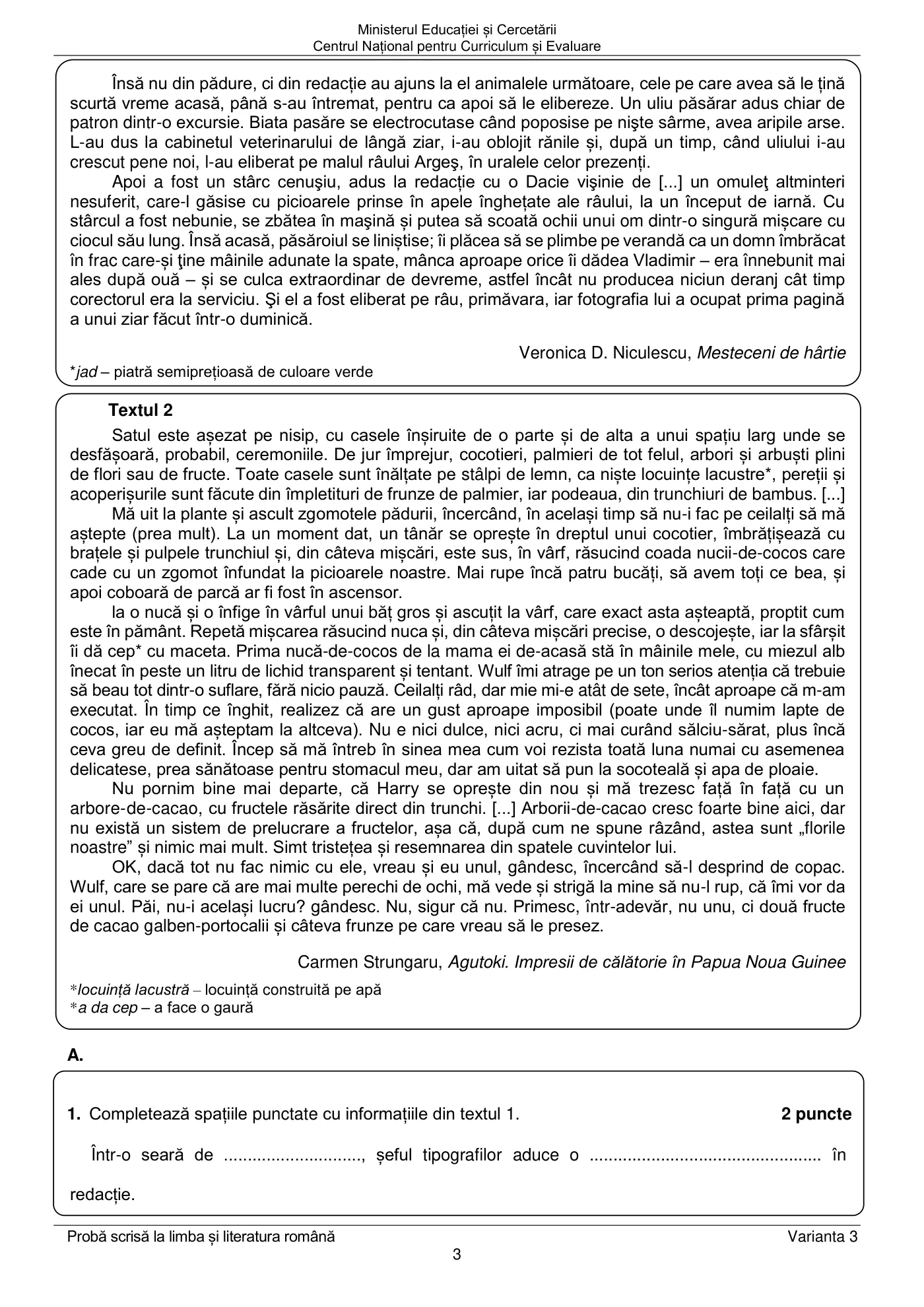 Pagina 3 din subiectul examen oficial (sesiunea iunie), limba și literatura română, 22 iunie 2026