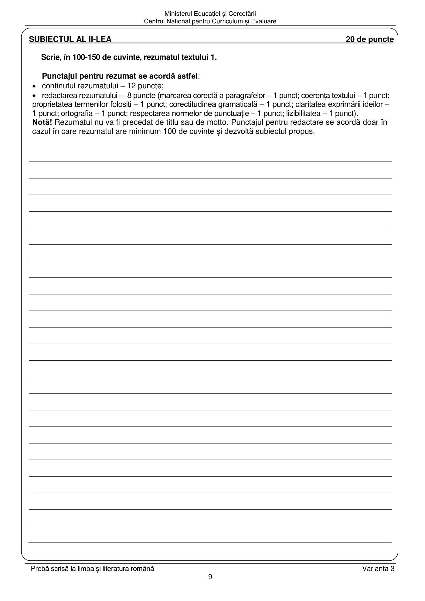Pagina 9 din subiectul examen oficial (sesiunea iunie), limba și literatura română, 22 iunie 2026