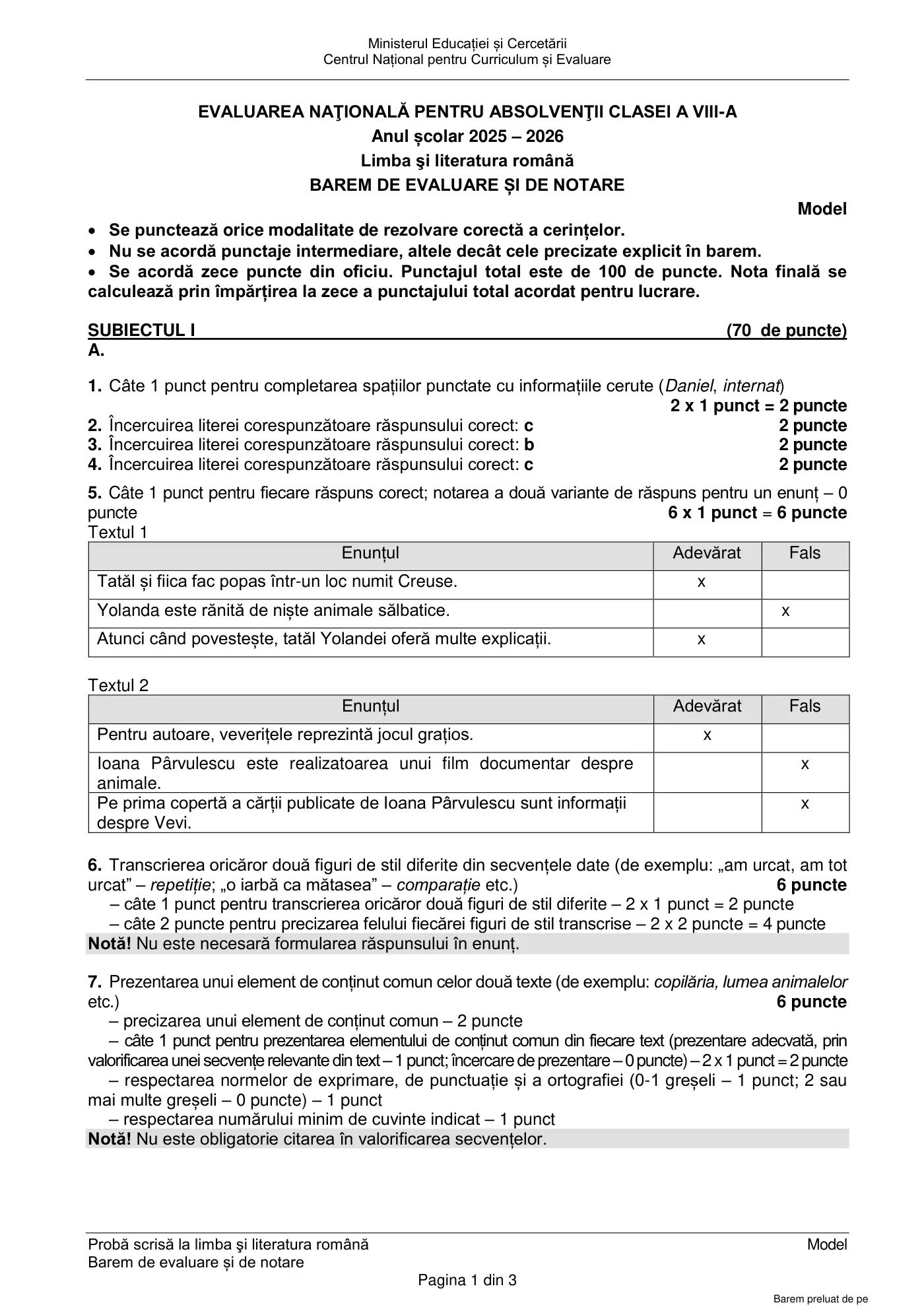 Pagina 1 din baremul pentru model oficial, limba și literatura română, noiembrie 2025