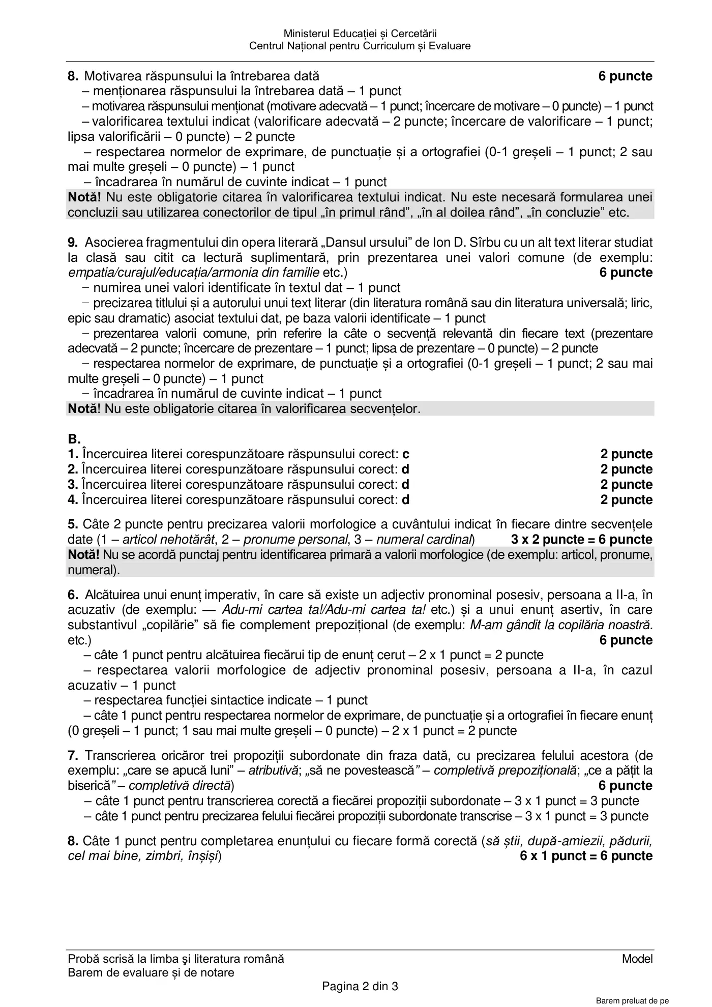 Pagina 2 din baremul pentru model oficial, limba și literatura română, noiembrie 2025