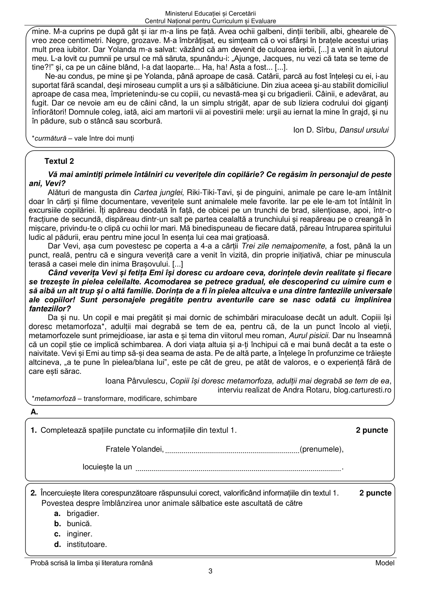 Pagina 3 din subiectul model oficial, limba și literatura română, noiembrie 2025