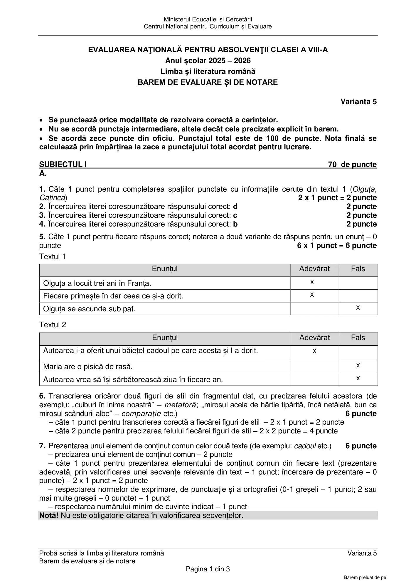 Pagina 1 din baremul pentru subiect de rezervă, limba și literatura română, 22 iunie 2026