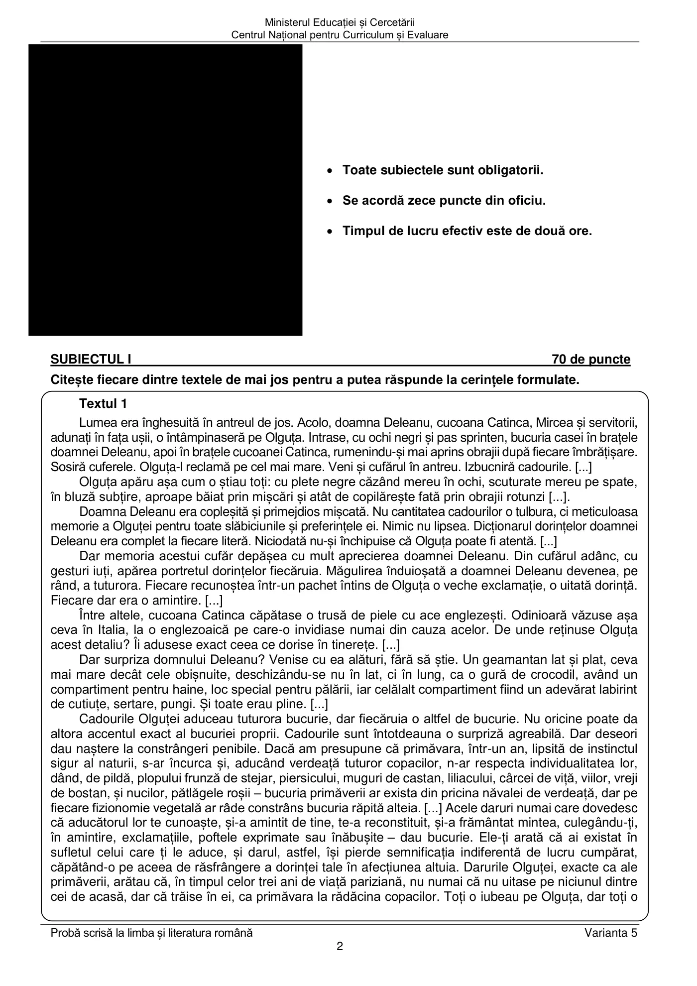 Pagina 2 din subiectul subiect de rezervă, limba și literatura română, 22 iunie 2026