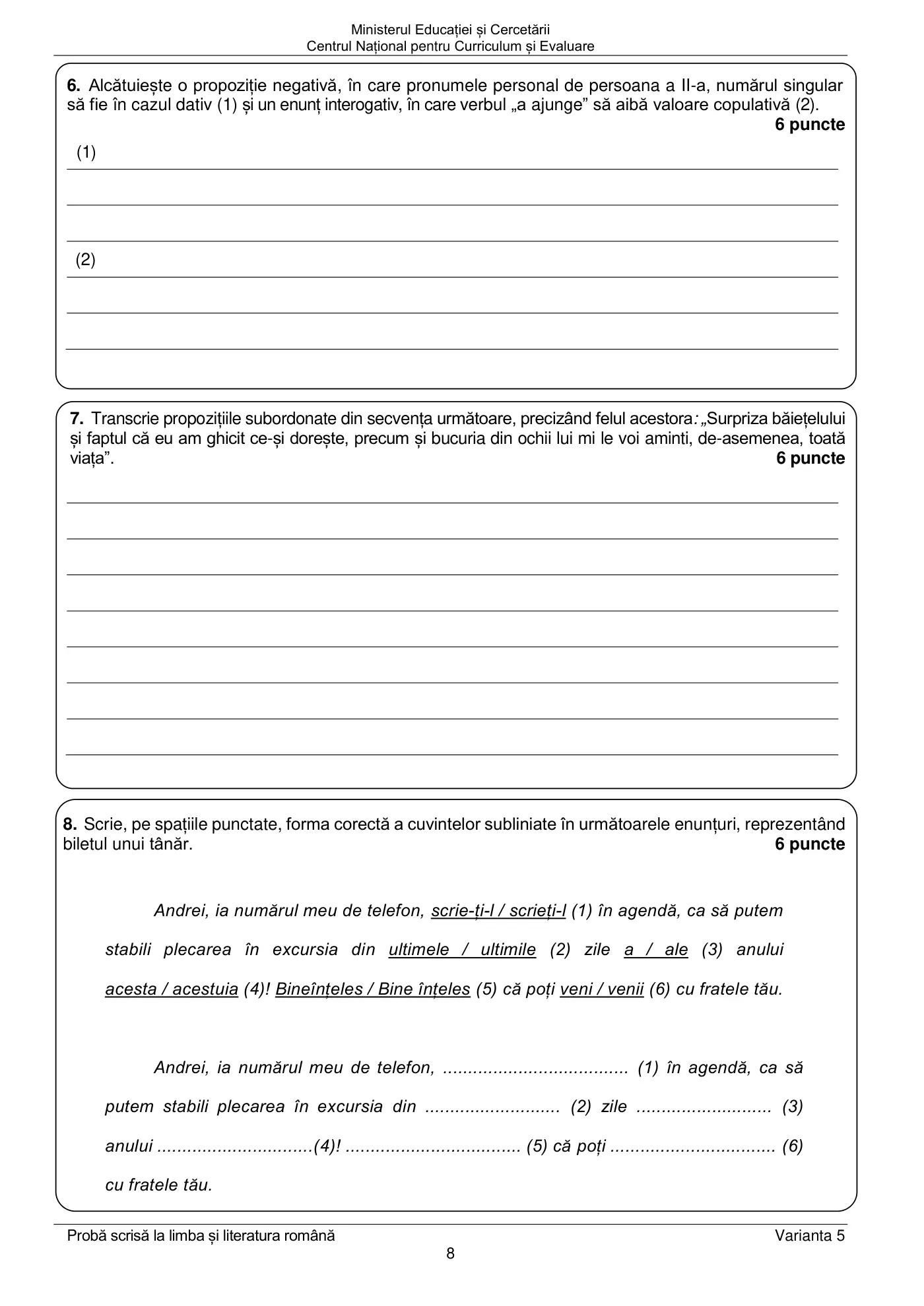 Pagina 8 din subiectul subiect de rezervă, limba și literatura română, 22 iunie 2026
