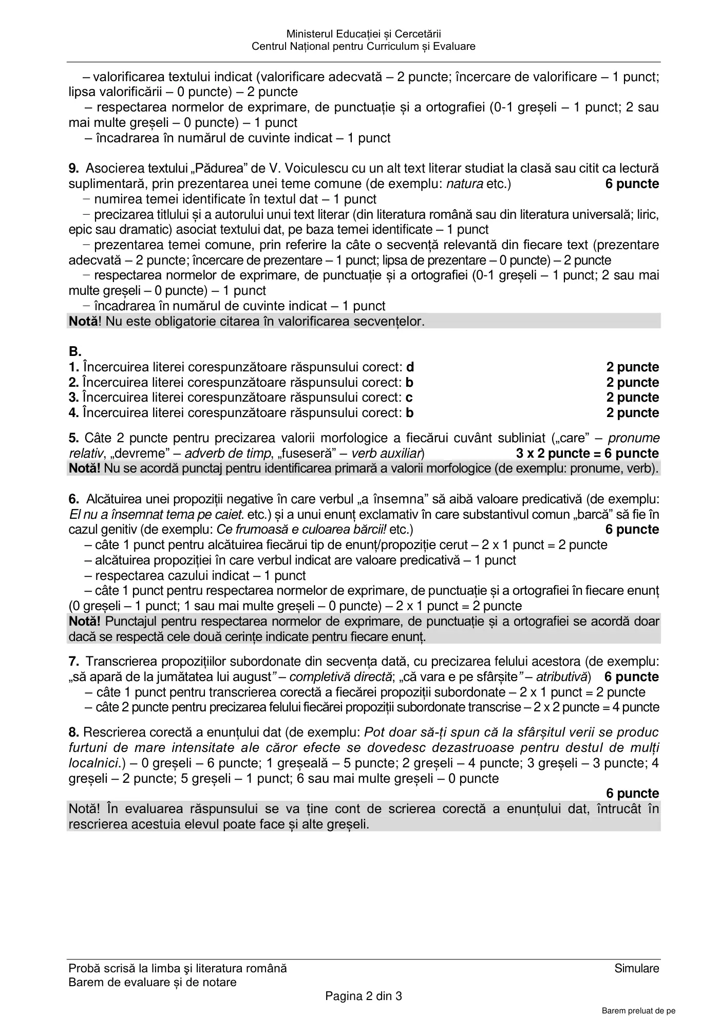 Pagina 2 din baremul pentru simulare națională ii, limba și literatura română, 27 aprilie 2026