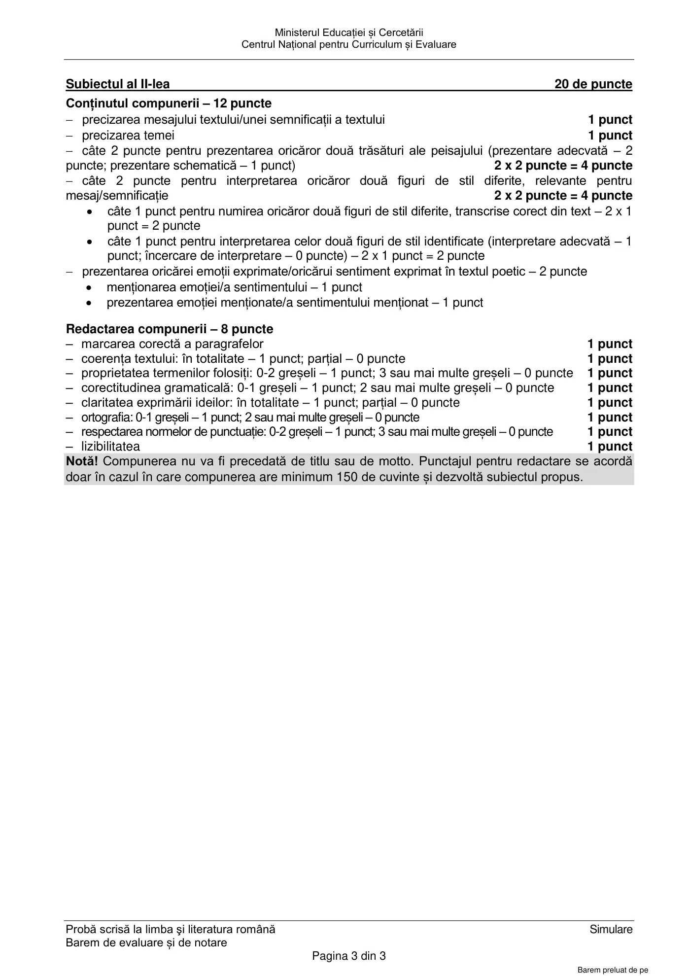 Pagina 3 din baremul pentru simulare națională ii, limba și literatura română, 27 aprilie 2026