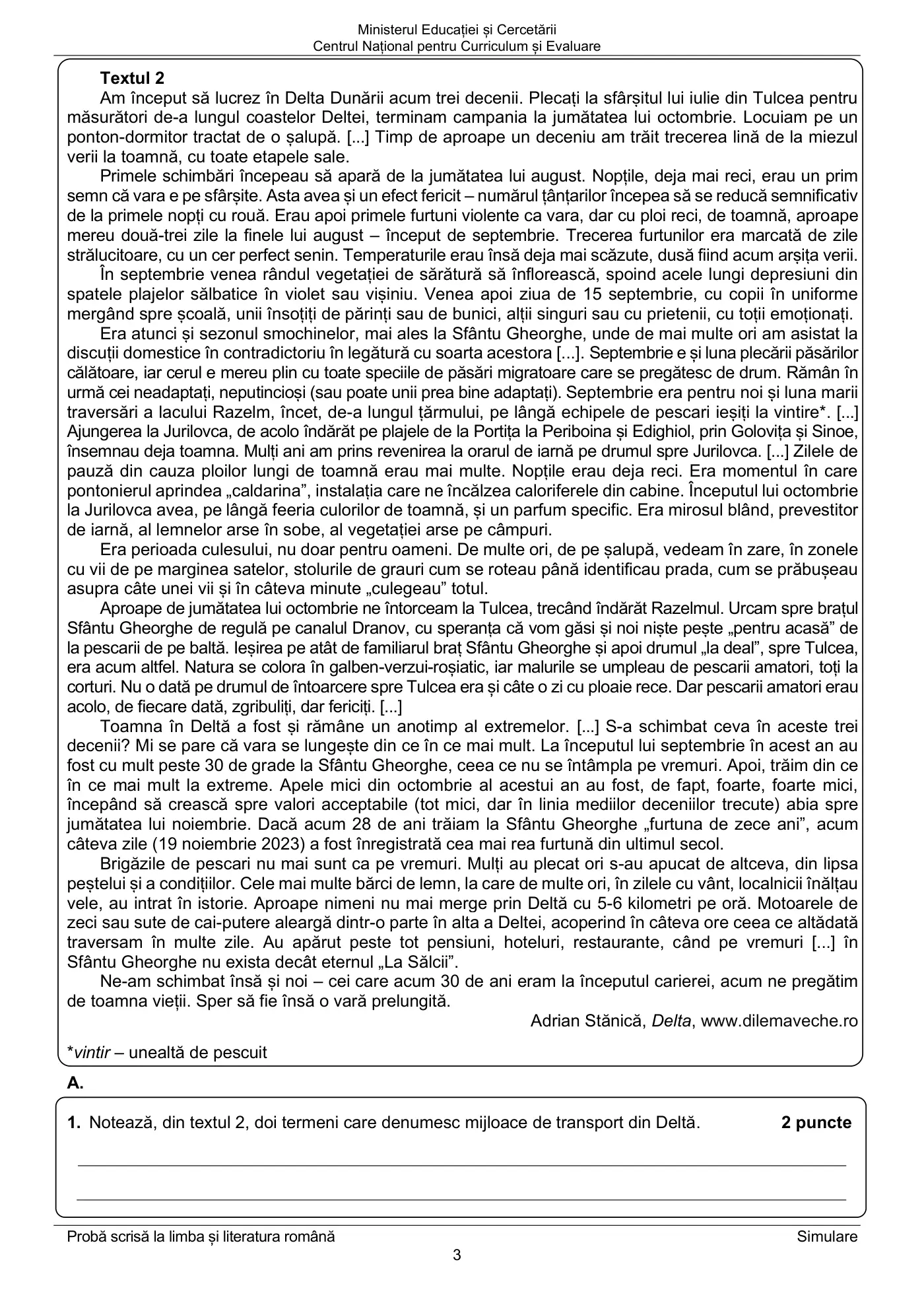 Pagina 3 din subiectul simulare națională ii, limba și literatura română, 27 aprilie 2026