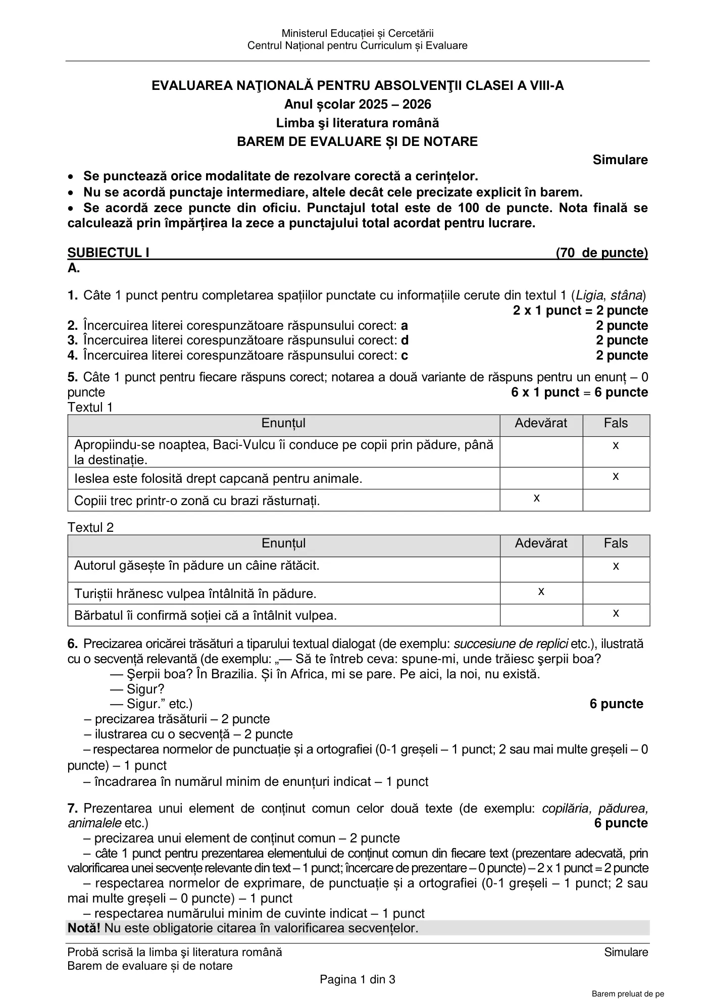Pagina 1 din baremul pentru simulare națională, limba și literatura română, 16 martie 2026